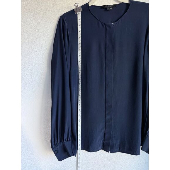 Lafayette 148 100% Silk Collarless Hidden Button Blouse in Royal Navy Size M - Picture 10 of 12